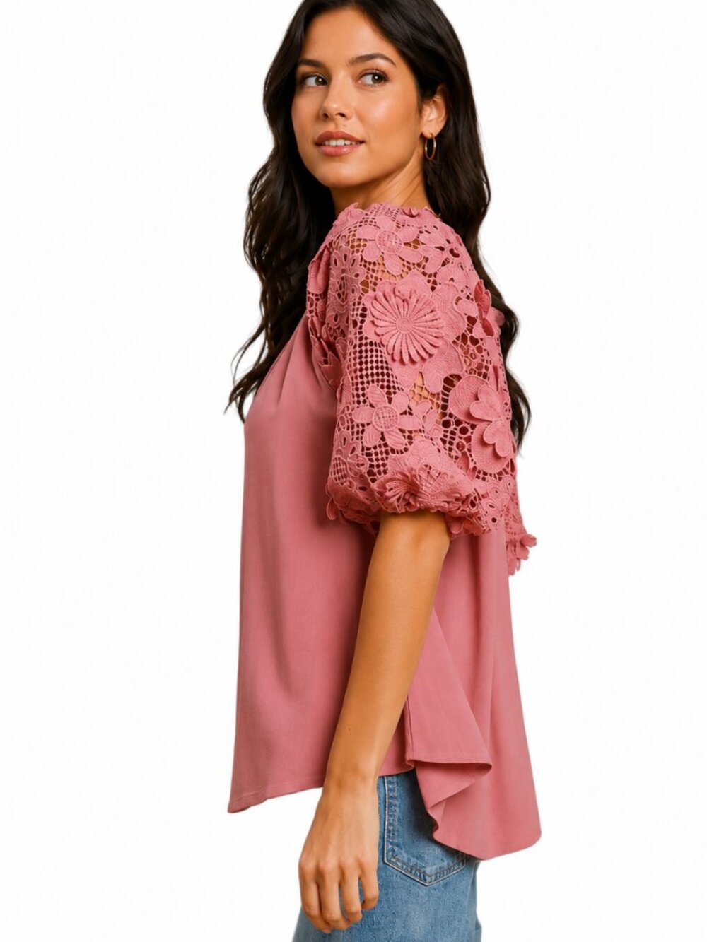 New Umgee M 8 10 Solid Rose 3D Floral Puff Sleeve Relaxed Fit Linen Blend Top